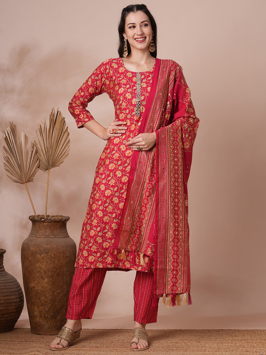 Floral Printed & Mirror Embroidered Straight Kurta with Pant and Dupatta - Red