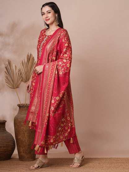 Floral Printed & Mirror Embroidered Straight Kurta with Pant and Dupatta - Red