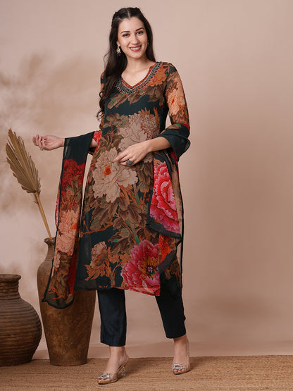 Abstract Floral Printed & Mirror Embroidered Straight Fit Kurta with Pant and Dupatta - Green