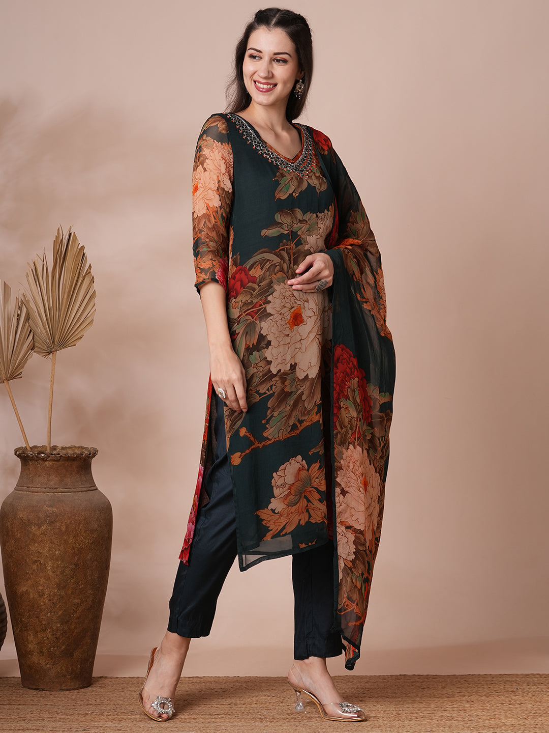 Abstract Floral Printed & Mirror Embroidered Straight Fit Kurta with Pant and Dupatta - Green