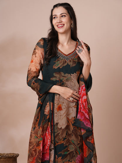 Abstract Floral Printed & Mirror Embroidered Straight Fit Kurta with Pant and Dupatta - Green