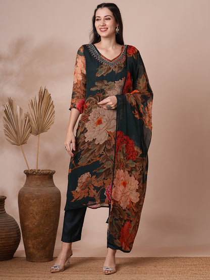 Abstract Floral Printed & Mirror Embroidered Straight Fit Kurta with Pant and Dupatta - Green