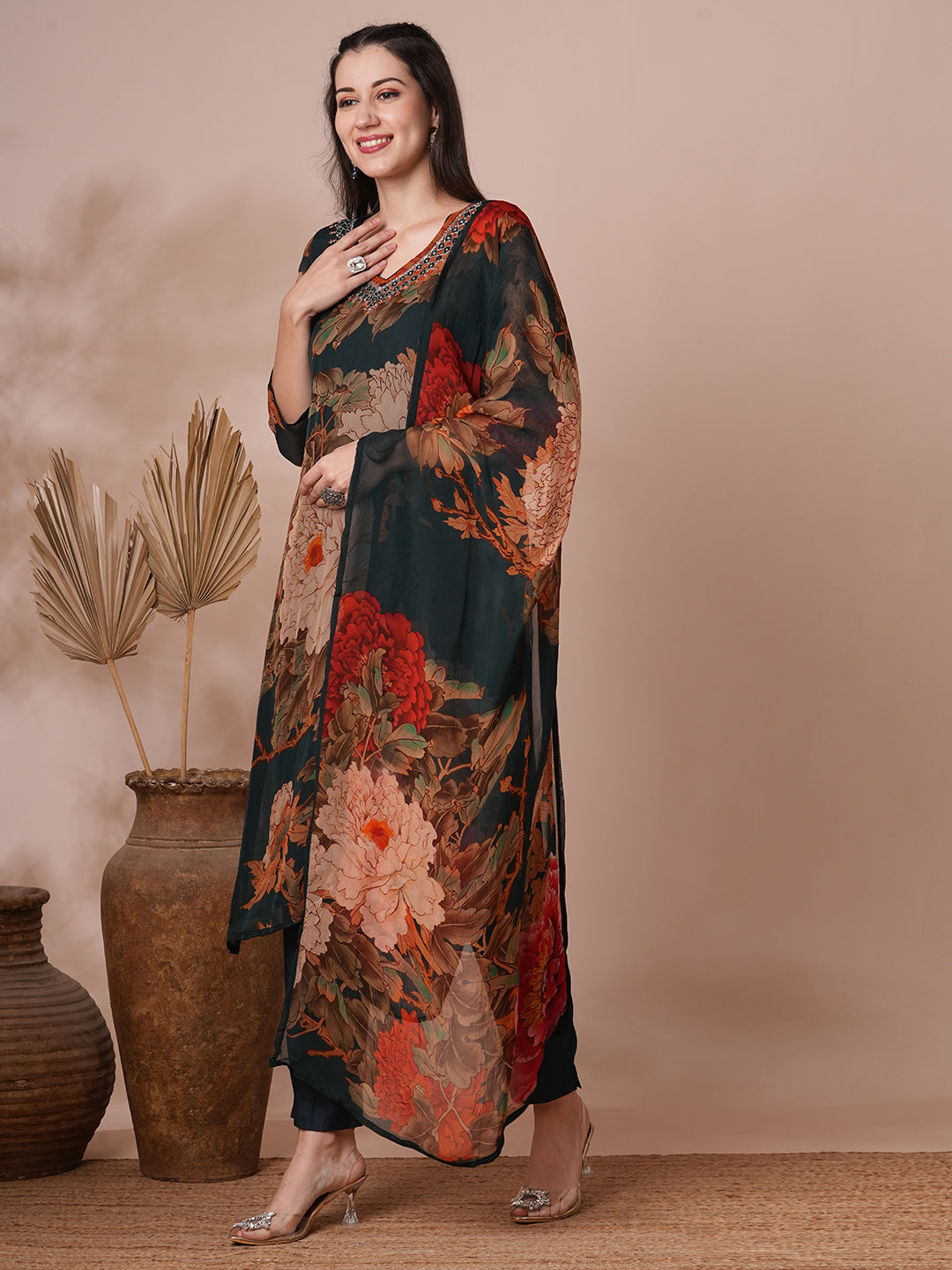 Abstract Floral Printed & Mirror Embroidered Straight Fit Kurta with Pant and Dupatta - Green