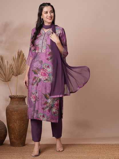 Abstract Printed & Embroidered Straight Fit Kurta with Pant and Dupatta - Purple