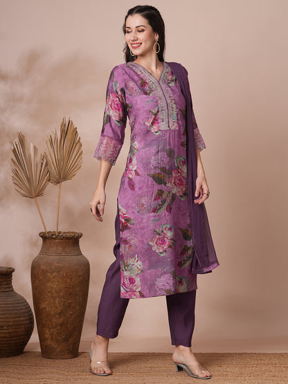 Abstract Printed & Embroidered Straight Fit Kurta with Pant and Dupatta - Purple