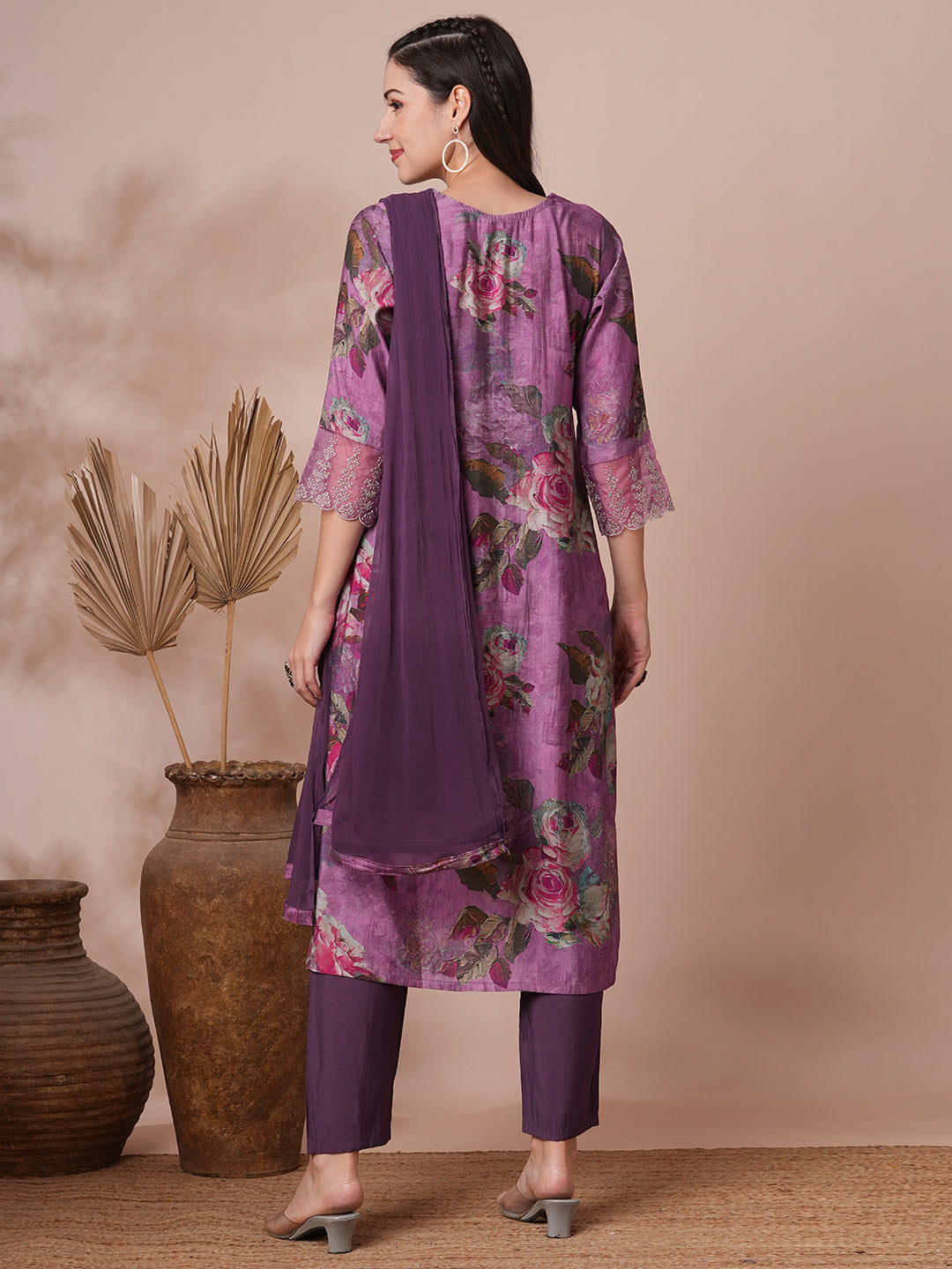 Abstract Printed & Embroidered Straight Fit Kurta with Pant and Dupatta - Purple