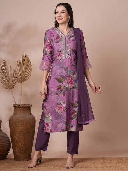 Abstract Printed & Embroidered Straight Fit Kurta with Pant and Dupatta - Purple