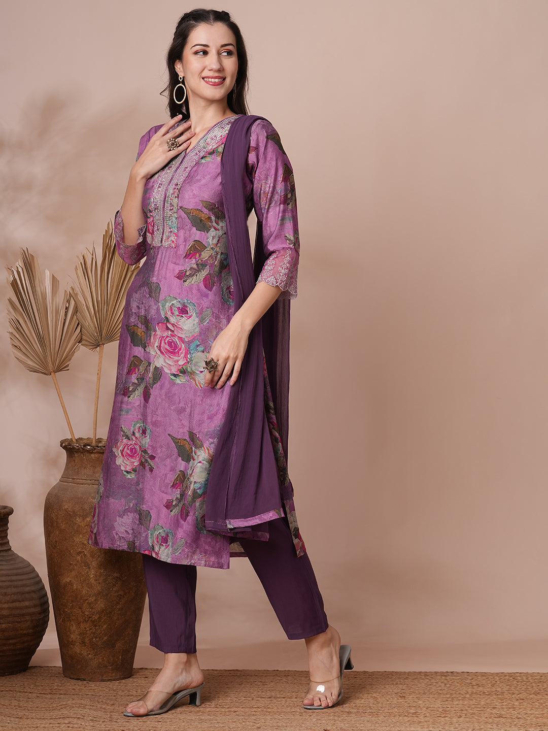 Abstract Printed & Embroidered Straight Fit Kurta with Pant and Dupatta - Purple