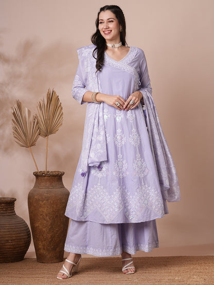 Solid Floral Embroidered Angrakha Kurta with Flared Palazzo & Dupatta - Lavender