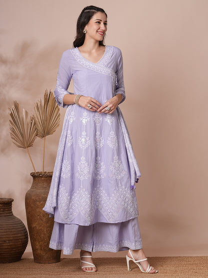 Solid Floral Embroidered Angrakha Kurta with Flared Palazzo & Dupatta - Lavender