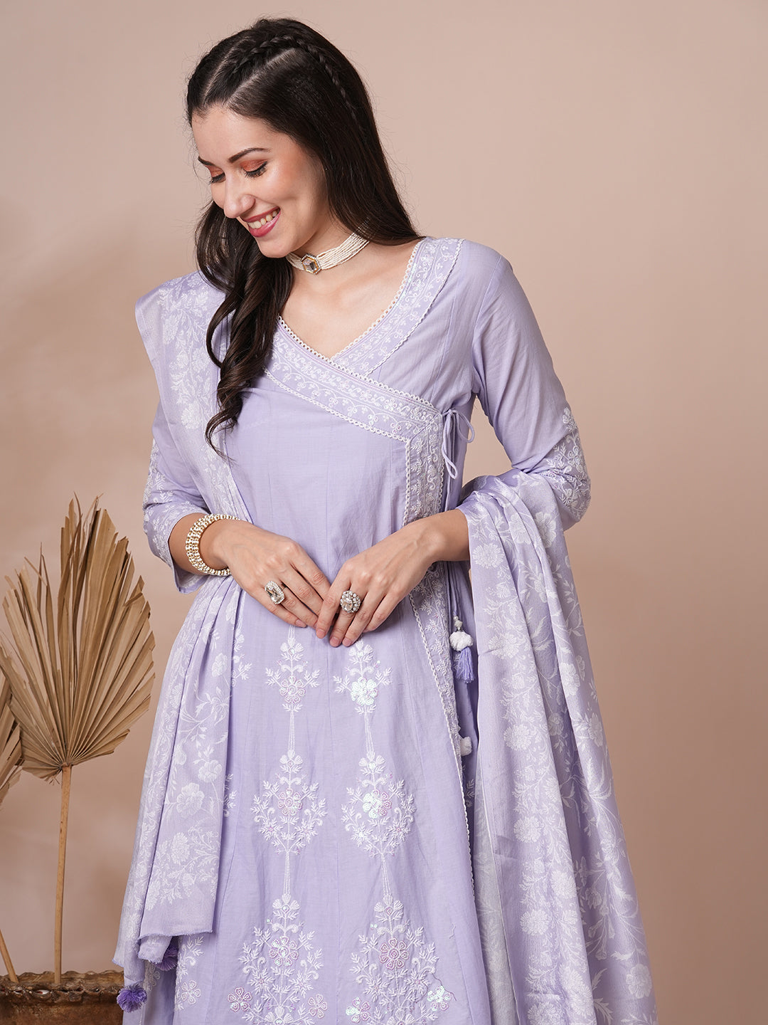 Solid Floral Embroidered Angrakha Kurta with Flared Palazzo & Dupatta - Lavender