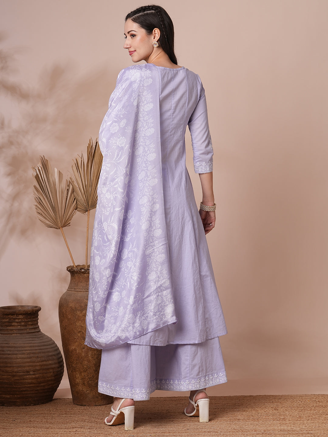 Solid Floral Embroidered Angrakha Kurta with Flared Palazzo & Dupatta - Lavender