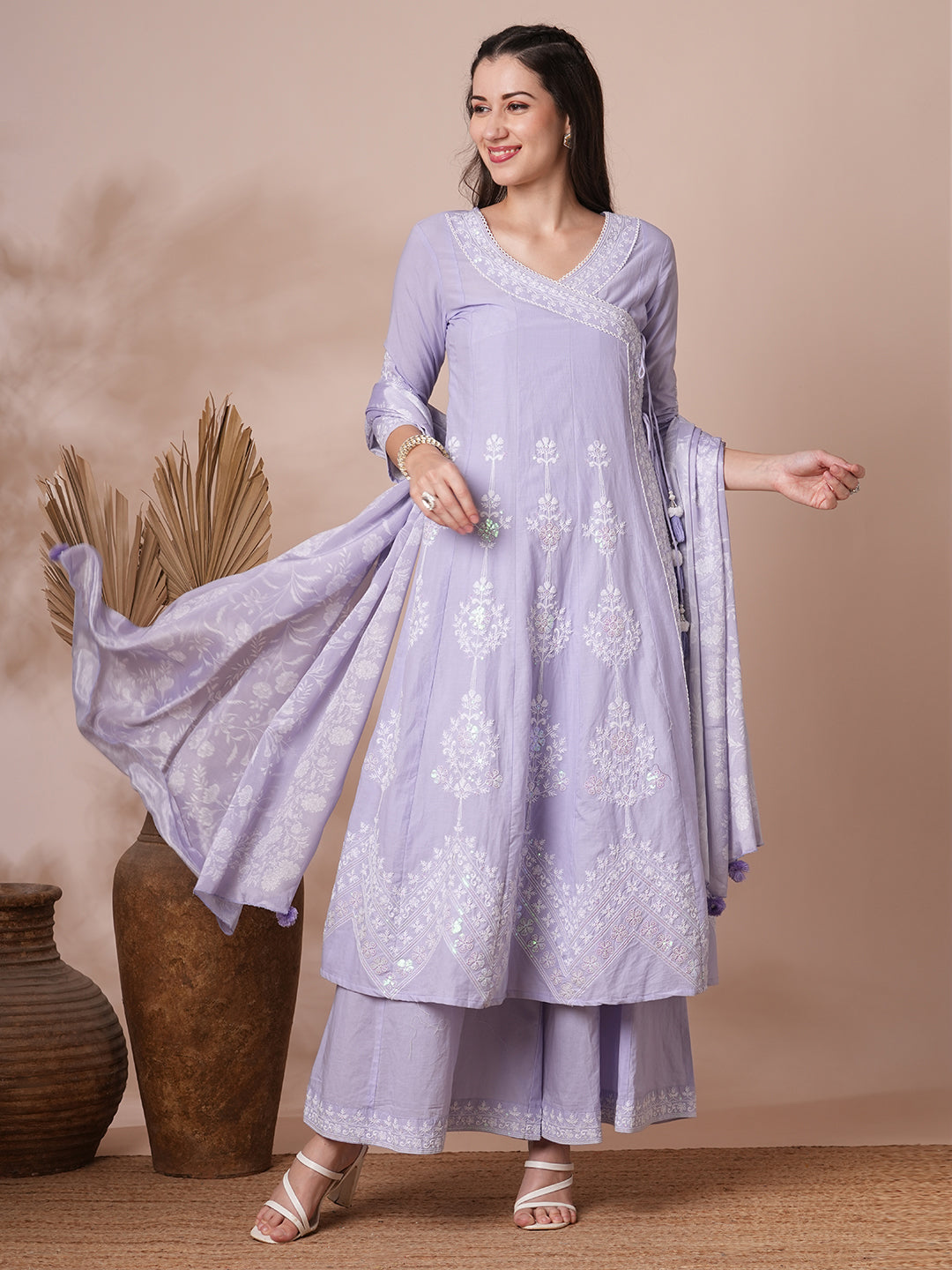 Solid Floral Embroidered Angrakha Kurta with Flared Palazzo & Dupatta - Lavender