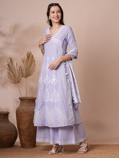 Solid Floral Embroidered Angrakha Kurta with Flared Palazzo & Dupatta - Lavender