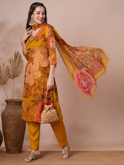 Abstract Floral Printed & Mirror Embroidered Straight Fit Kurta with Pant and Dupatta - Mustard