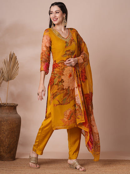 Abstract Floral Printed & Mirror Embroidered Straight Fit Kurta with Pant and Dupatta - Mustard