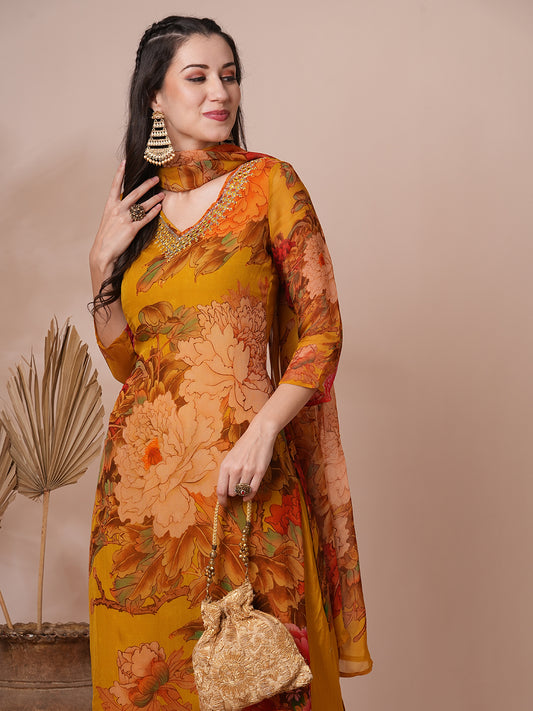 Abstract Floral Printed & Mirror Embroidered Straight Fit Kurta with Pant and Dupatta - Mustard