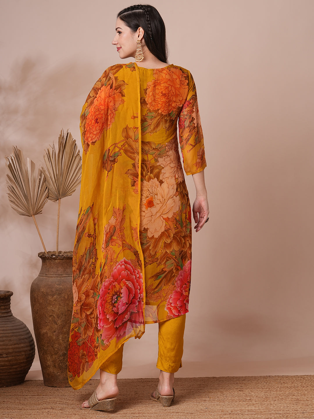 Abstract Floral Printed & Mirror Embroidered Straight Fit Kurta with Pant and Dupatta - Mustard