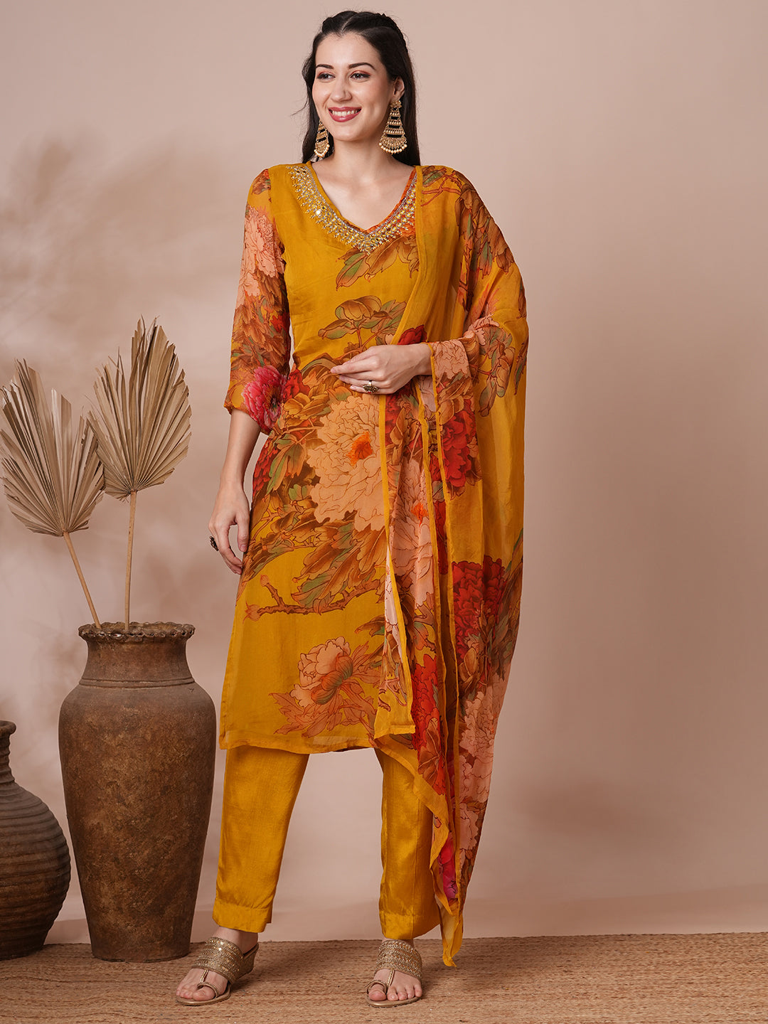 Abstract Floral Printed & Mirror Embroidered Straight Fit Kurta with Pant and Dupatta - Mustard