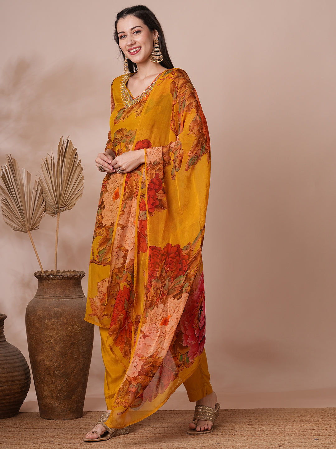 Abstract Floral Printed & Mirror Embroidered Straight Fit Kurta with Pant and Dupatta - Mustard