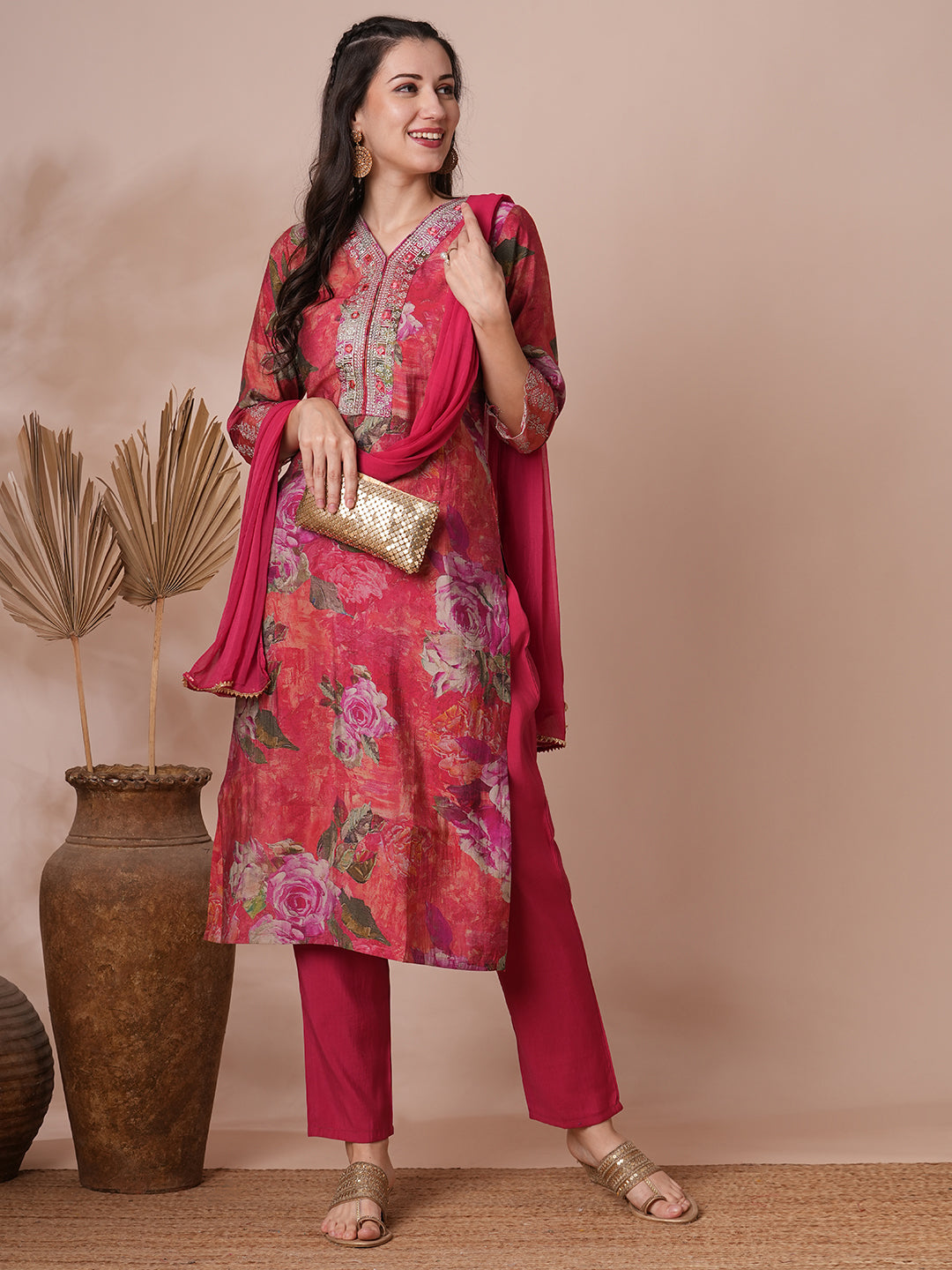 Abstract Printed & Embroidered Straight Fit Kurta with Pant and Dupatta - Pink