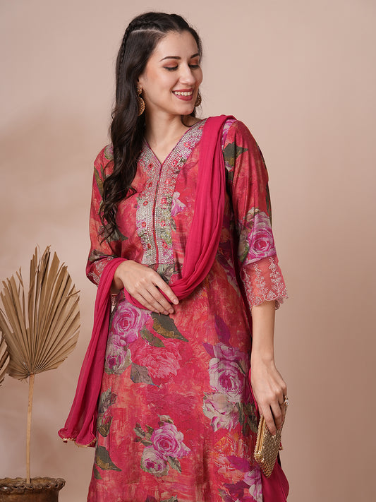 Abstract Printed & Embroidered Straight Fit Kurta with Pant and Dupatta - Pink