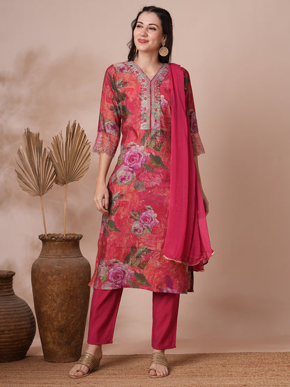 Abstract Printed & Embroidered Straight Fit Kurta with Pant and Dupatta - Pink