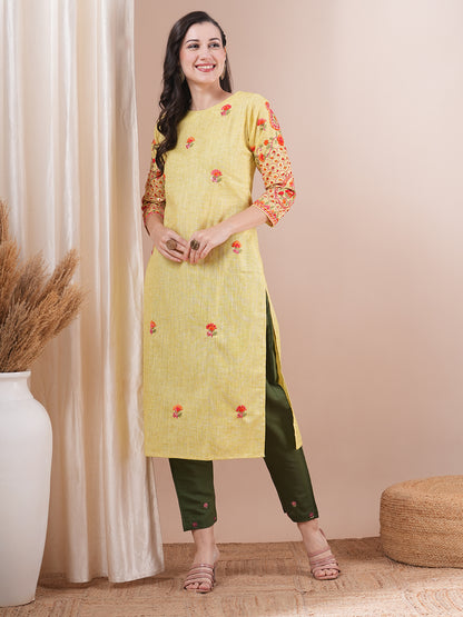 Solid Resham & Sequins Embroidered Kurta - Lime Yellow