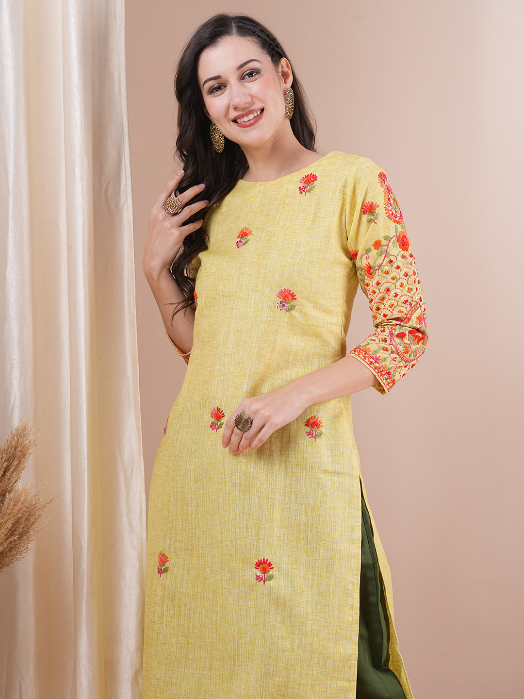 Solid Resham & Sequins Embroidered Kurta - Lime Yellow