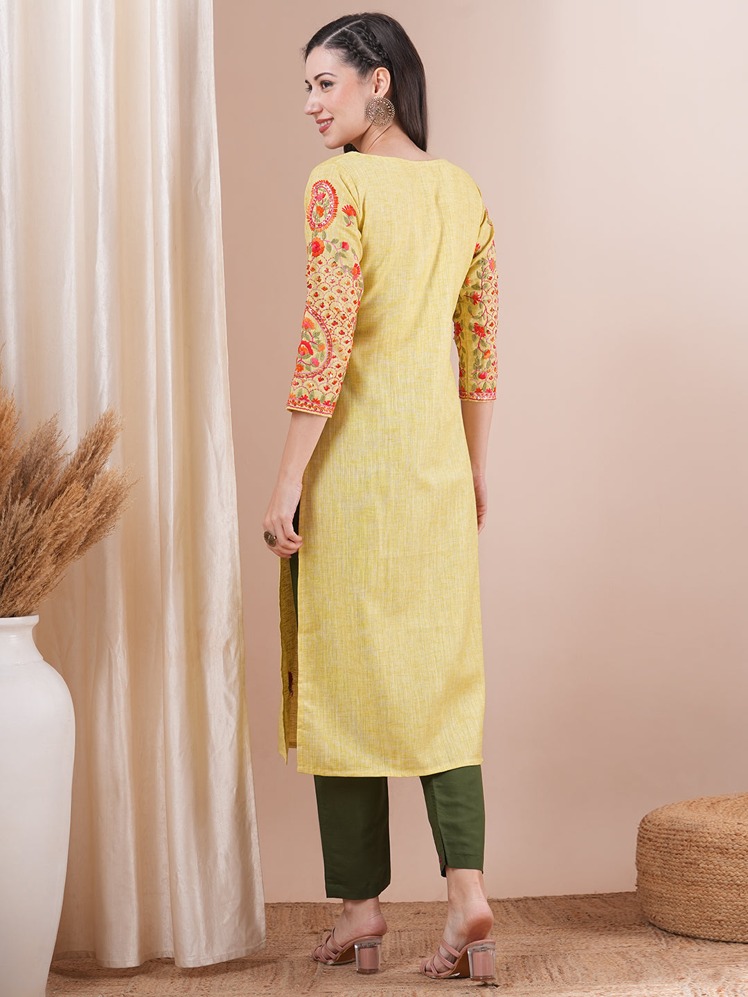 Solid Resham & Sequins Embroidered Kurta - Lime Yellow