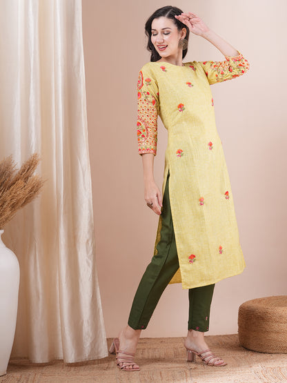 Solid Resham & Sequins Embroidered Kurta - Lime Yellow