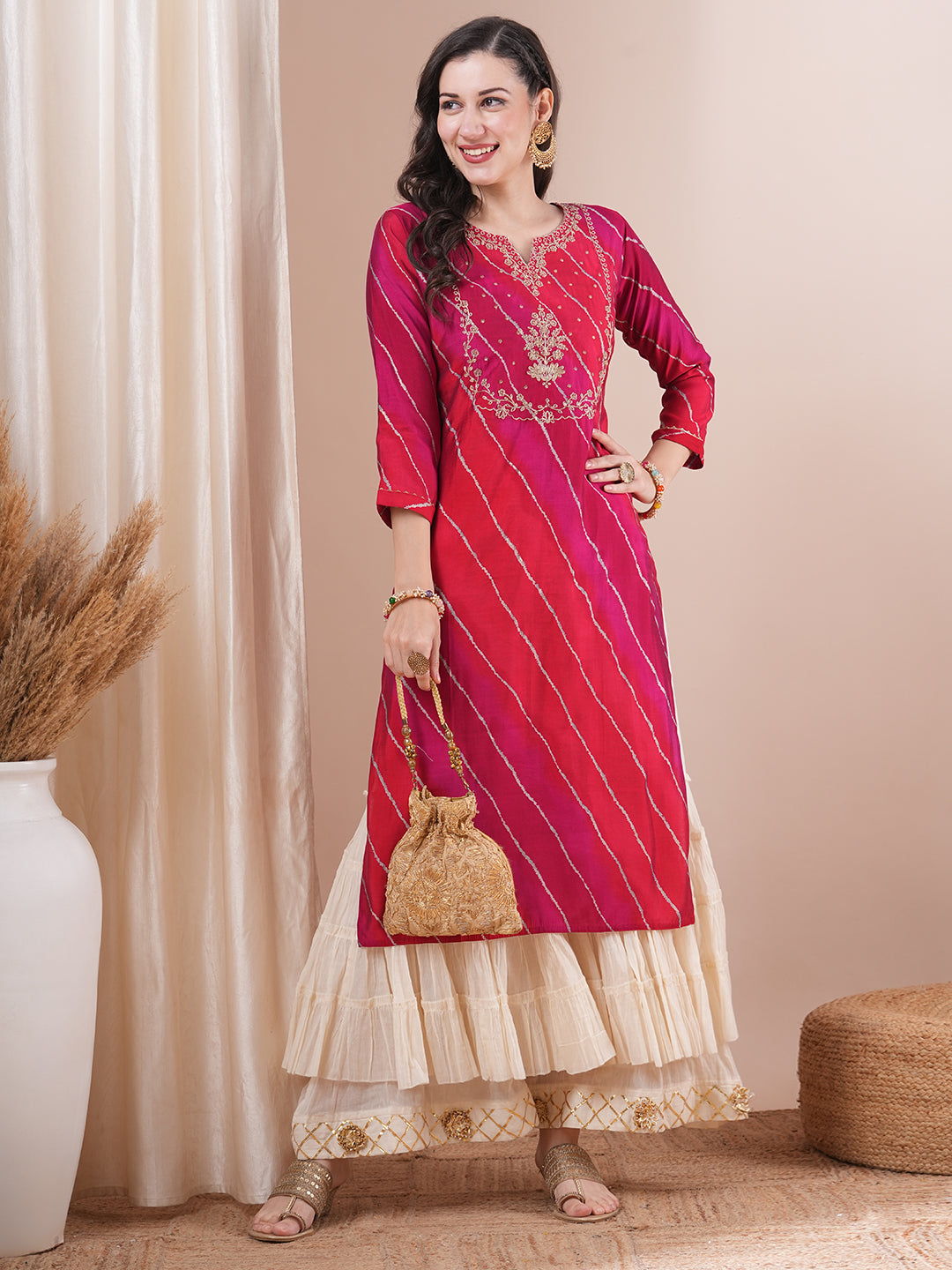 Leheriya Printed & Floral Embroidered Straight Fit Kurta - Multi