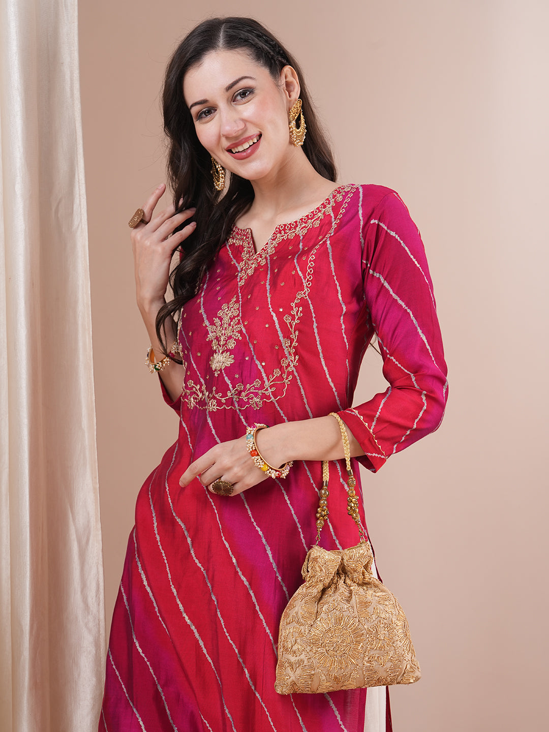 Leheriya Printed & Floral Embroidered Straight Fit Kurta - Multi