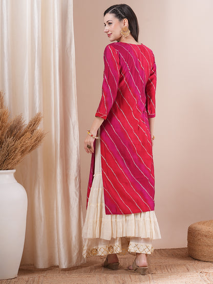 Leheriya Printed & Floral Embroidered Straight Fit Kurta - Multi