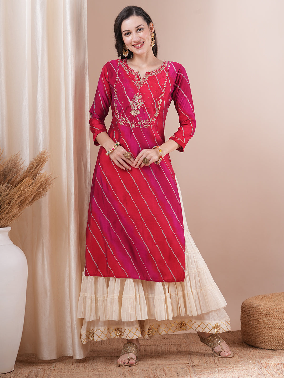 Leheriya Printed & Floral Embroidered Straight Fit Kurta - Multi