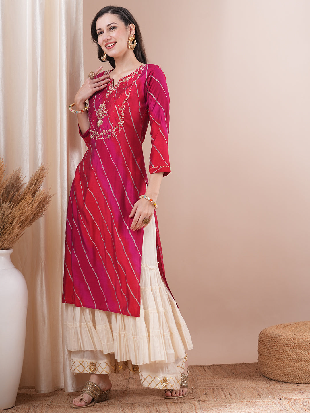 Leheriya Printed & Floral Embroidered Straight Fit Kurta - Multi