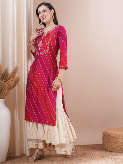 Leheriya Printed & Floral Embroidered Straight Fit Kurta - Multi