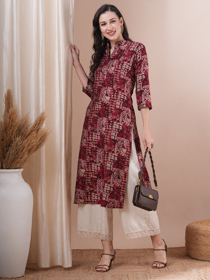 Abstract Floral Foil Printed Straight Fit Kurta - Maroon