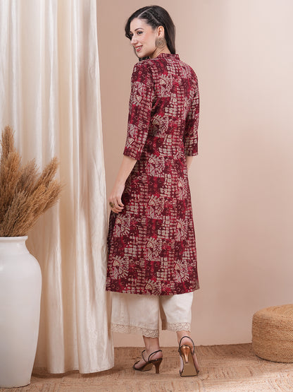 Abstract Floral Foil Printed Straight Fit Kurta - Maroon