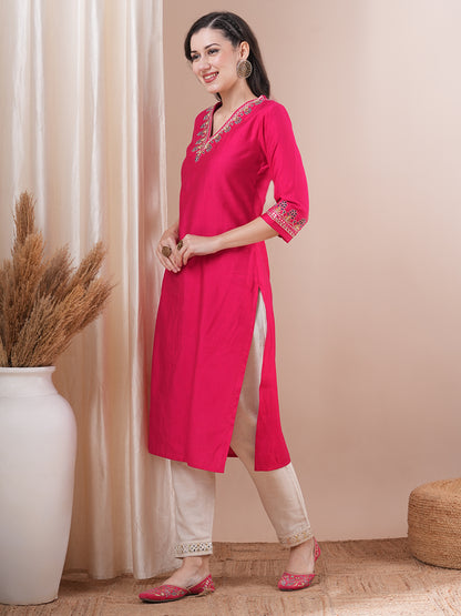 Solid Ethnic Floral Embroidered Straight Fit Kurta - Pink