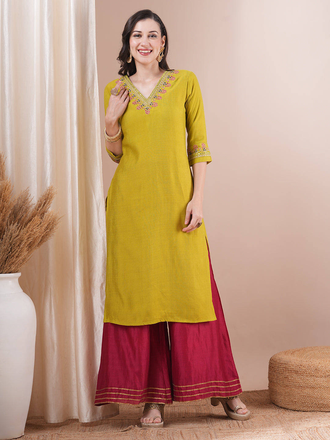 Solid Ethnic Floral Embroidered Straight Fit Kurta - Lime Green