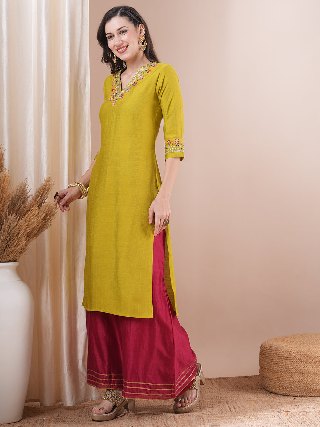 Solid Ethnic Floral Embroidered Straight Fit Kurta - Lime Green