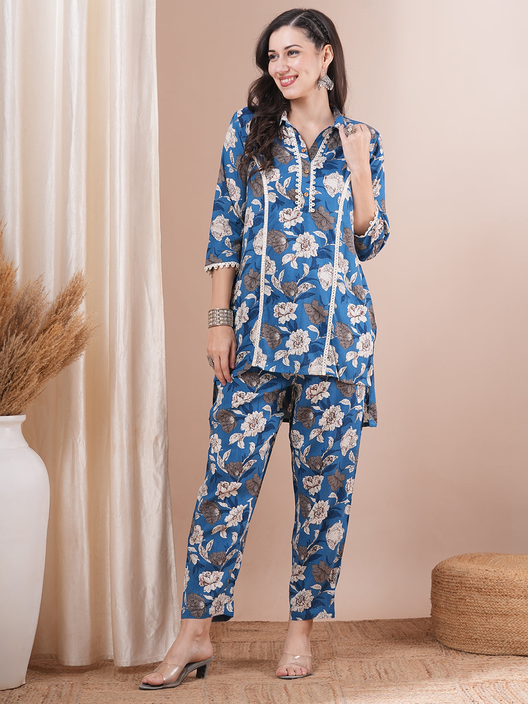 Abstract Floral Printed A-Line Fit Co-ord Set - Blue