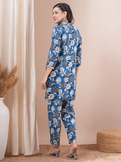 Abstract Floral Printed A-Line Fit Co-ord Set - Blue