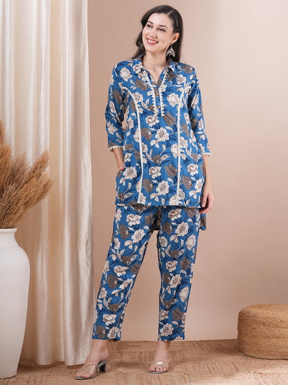 Abstract Floral Printed A-Line Fit Co-ord Set - Blue