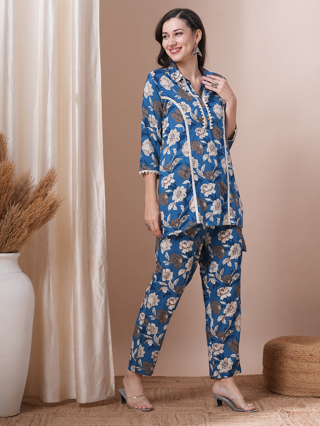 Abstract Floral Printed A-Line Fit Co-ord Set - Blue