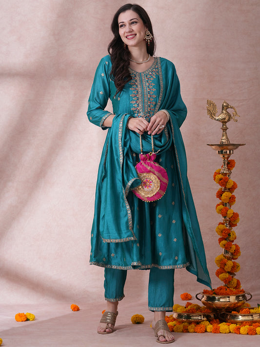 Ethnic Embroidered Anarkali Flared Kurta with Pant and Dupatta - Turquoise Blue