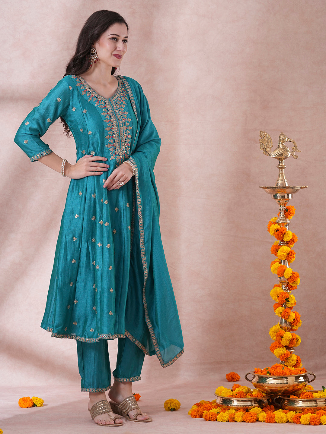 Ethnic Embroidered Anarkali Flared Kurta with Pant and Dupatta - Turquoise Blue