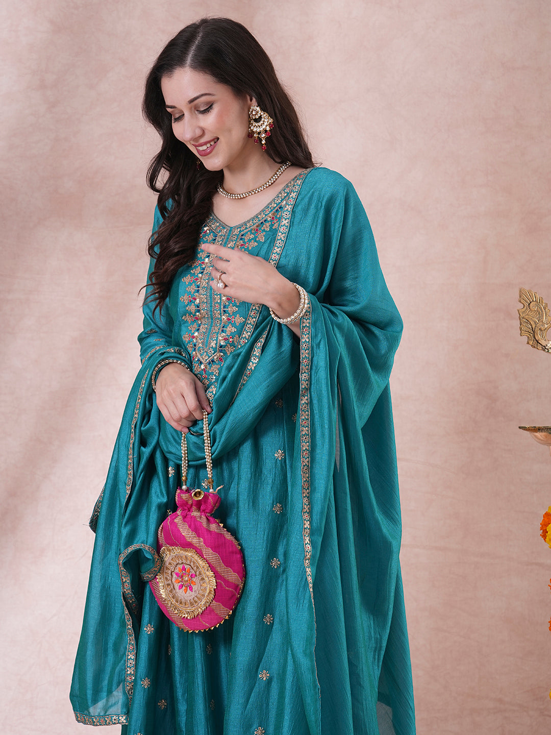 Ethnic Embroidered Anarkali Flared Kurta with Pant and Dupatta - Turquoise Blue