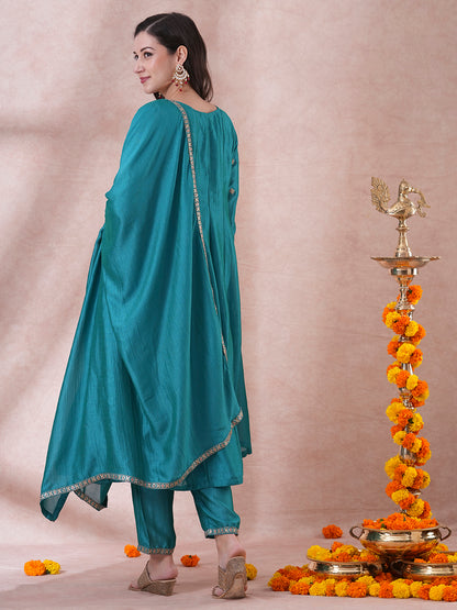 Ethnic Embroidered Anarkali Flared Kurta with Pant and Dupatta - Turquoise Blue